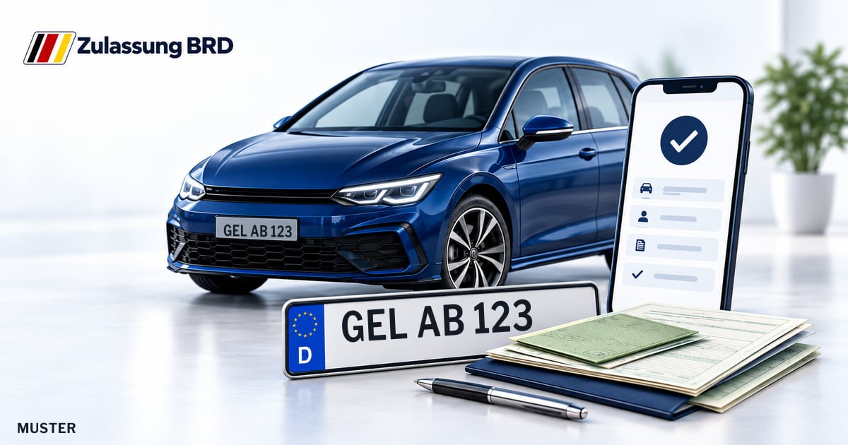 Online Fahrzeugzulassung in Kerken: Musterkennzeichen GEL AB 123, Auto und Fahrzeugpapiere und Smartphone. Illustration mit Logo von Zulassung BRD.